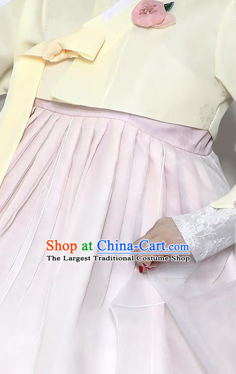 Korean Bride Mother Yellow Blouse and Pink Dress Asian Korea Traditional Fashion Garments Court Dance Hanbok Clothing