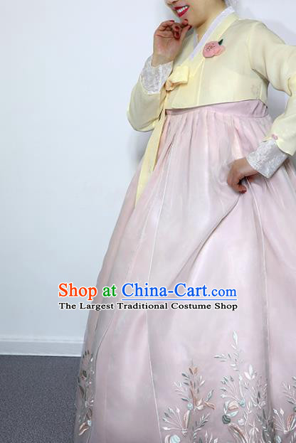 Korean Bride Mother Yellow Blouse and Pink Dress Asian Korea Traditional Fashion Garments Court Dance Hanbok Clothing