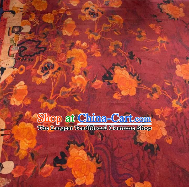 Chinese Classical Qing Dynasty Pattern Brocade Cloth Wine Red Gambiered Guangdong Gauze Material Traditional Qipao Dress Drapery Silk Fabric