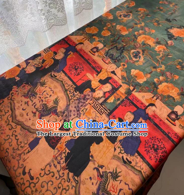 Chinese Silk Fabric Classical Qing Dynasty Pattern Brocade Cloth Green Gambiered Guangdong Gauze Material Traditional Qipao Dress Drapery