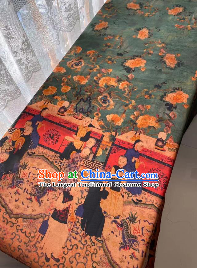 Chinese Silk Fabric Classical Qing Dynasty Pattern Brocade Cloth Green Gambiered Guangdong Gauze Material Traditional Qipao Dress Drapery