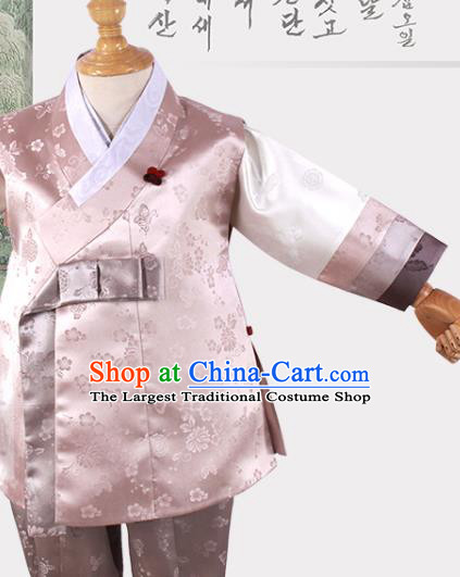 Korean Boys Hanbok Clothing Young Prince Pink Shirt and Brown Pants Asian Korea Traditional Fashion Garments