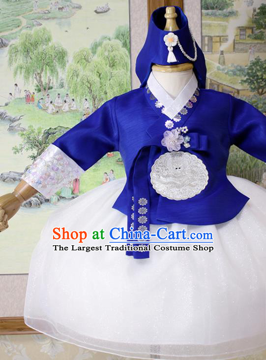 Traditional Korean Court Fashion Apparels Baby Princess Hanbok Clothing Children Girl Royalblue Blouse and White Dress and Headwear