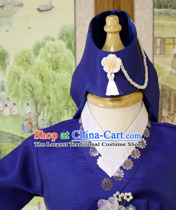 Traditional Korean Court Fashion Apparels Baby Princess Hanbok Clothing Children Girl Royalblue Blouse and White Dress and Headwear