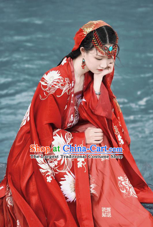 China Ancient Palace Princess Red Hanfu Dress Garments Traditional Tang Dynasty Young Beauty Historical Clothing