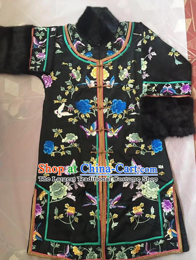 China National Embroidered Butterfly Peony Overcoat Tang Suit Outer Garment Traditional Black Silk Coat Clothing