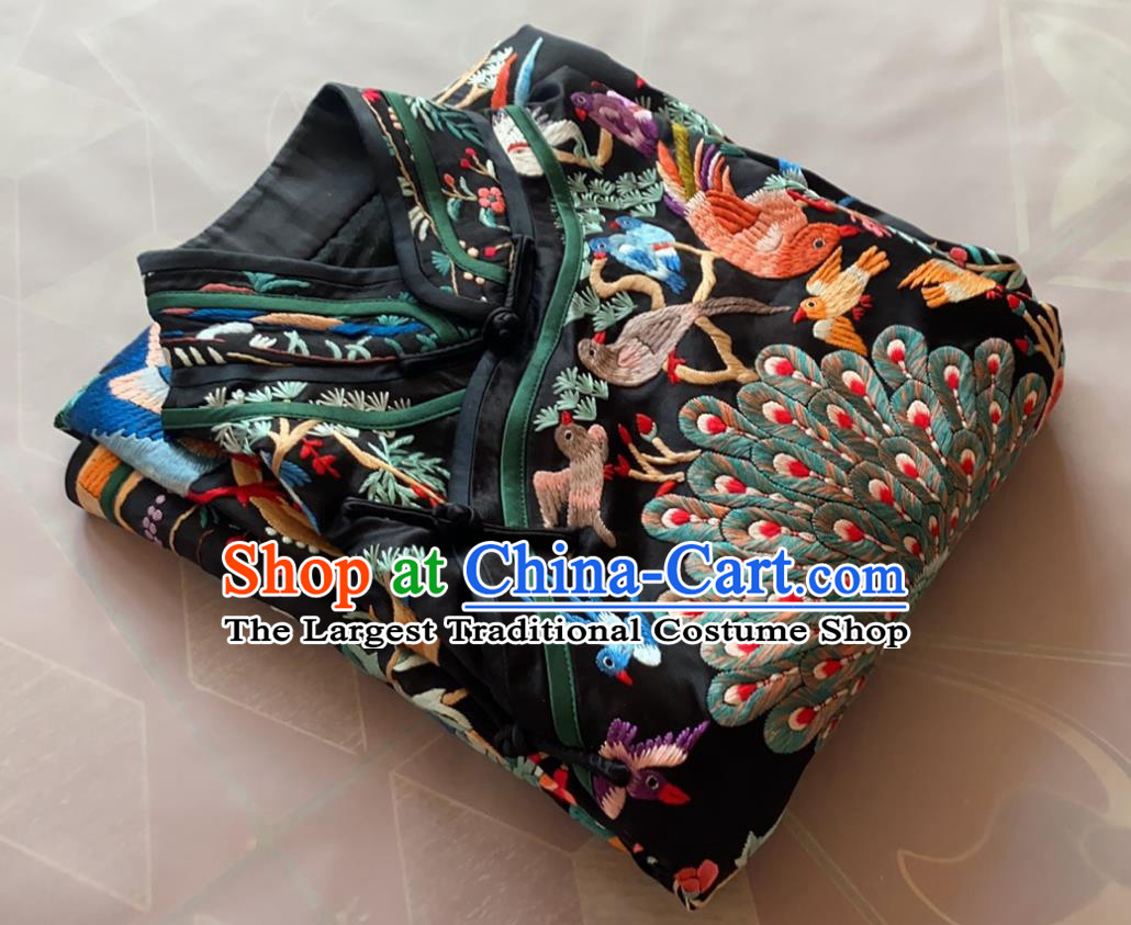 China Tang Suit Garment Traditional Black Silk Cheongsam National Embroidered Peacock Qipao Dress