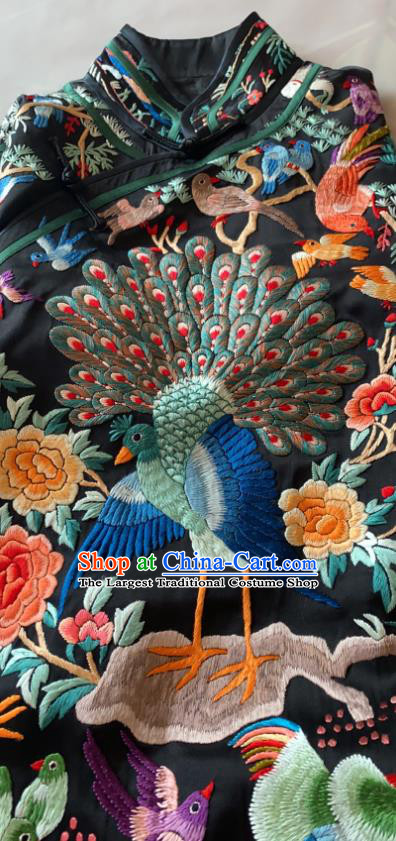 China Tang Suit Garment Traditional Black Silk Cheongsam National Embroidered Peacock Qipao Dress