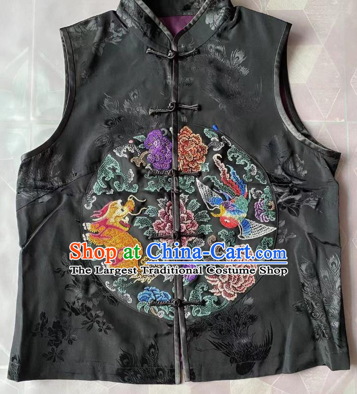 China National Upper Outer Garment Traditional Black Silk Waistcoat Clothing Tang Suit Embroidered Dragon Phoenix Vest