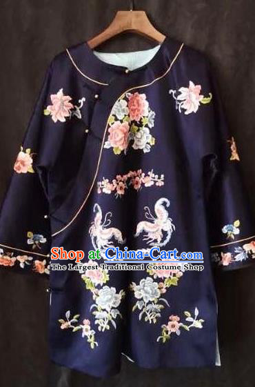China Traditional Navy Silk Coat National Embroidered Butterfly Peony Jacket Tang Suit Top Garment