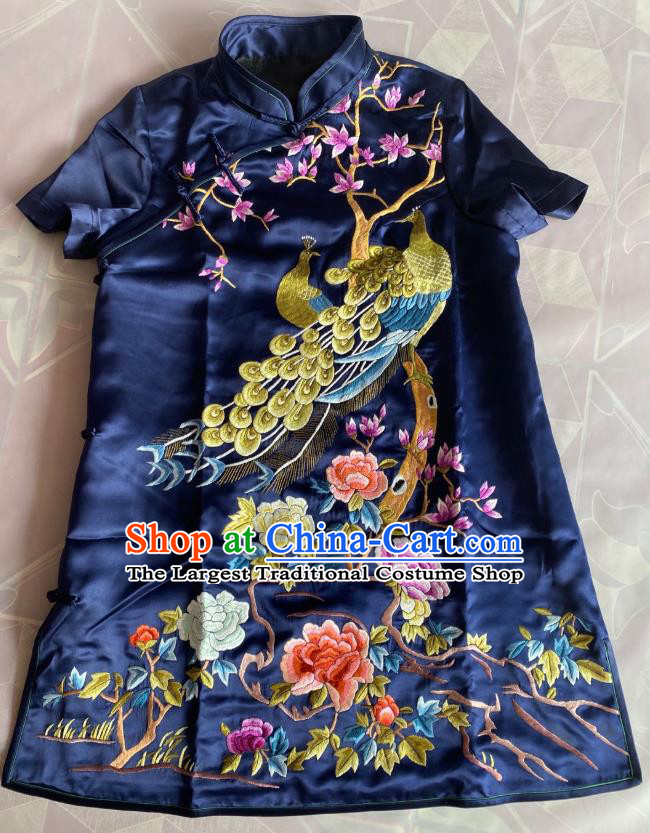 China Tang Suit Top Shirt Traditional Navy Silk Blouse National Embroidered Peacock Peony Upper Outer Garment