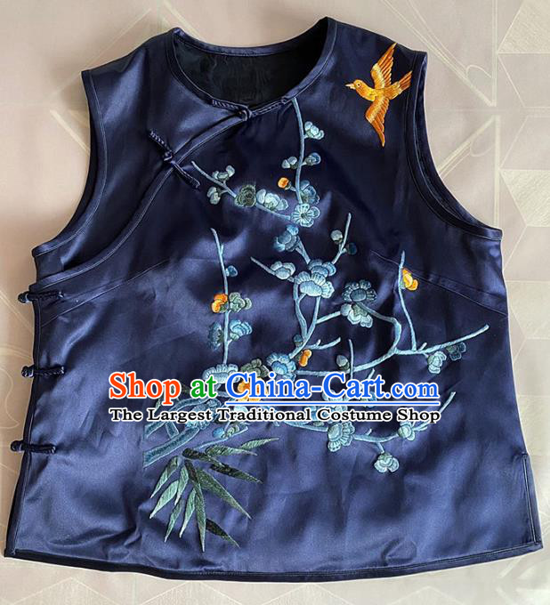 China National Embroidered Plum Bamboo Vest Tang Suit Upper Outer Garment Traditional Navy Silk Waistcoat