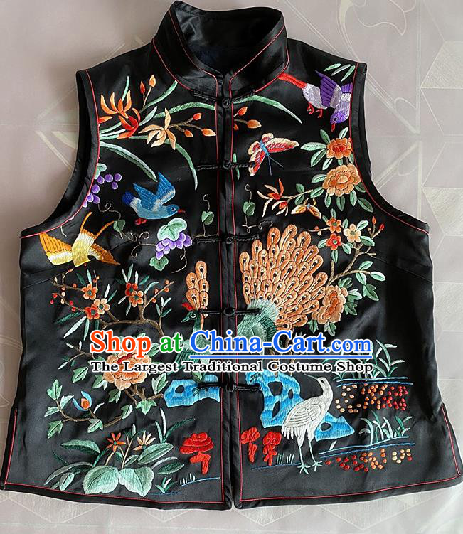 China National Embroidered Peacock Waistcoat Tang Suit Upper Outer Garment Traditional Black Silk Vest