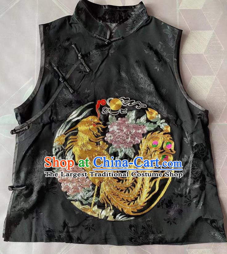 China Tang Suit Upper Outer Garment Traditional Black Silk Waistcoat Clothing National Embroidered Phoenix Peony Vest
