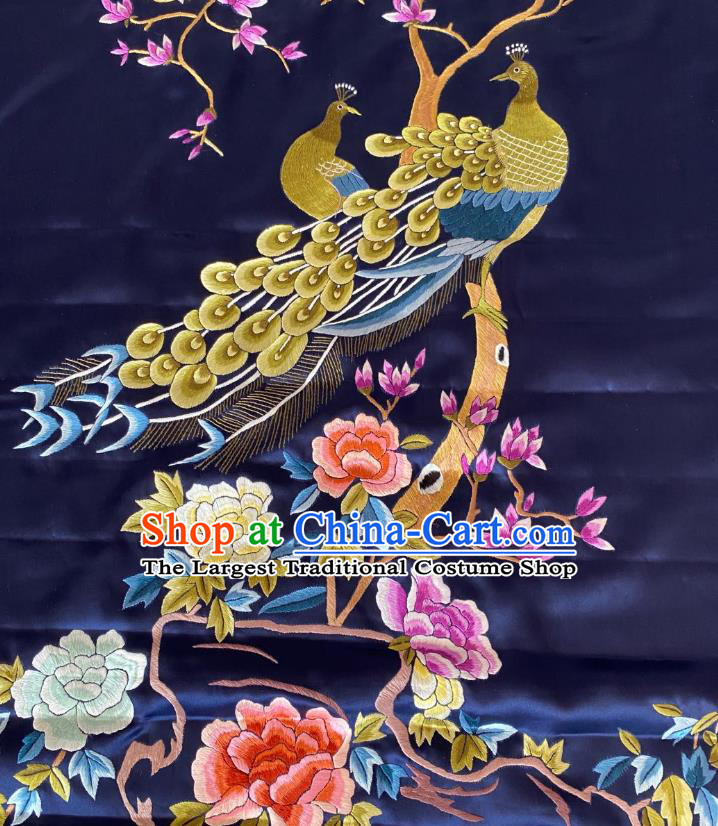 Chinese Hand Embroidery Navy Silk Applique Craft Traditional Embroidered Peacock Mangnolia Cloth