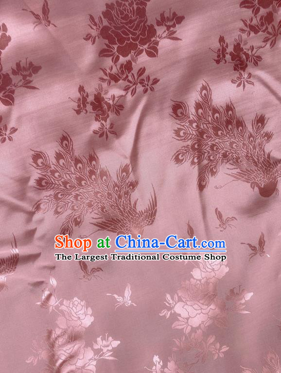 China Traditional Cheongsam Brocade Cloth Jacquard Pink Satin Drapery Classical Peacock Pattern Silk Fabric