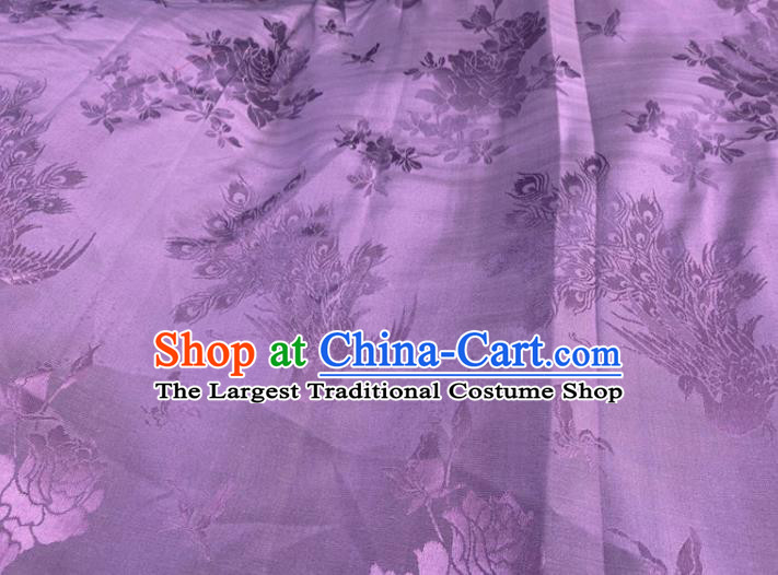 China Classical Peacock Pattern Silk Fabric Traditional Cheongsam Brocade Cloth Jacquard Violet Satin Drapery