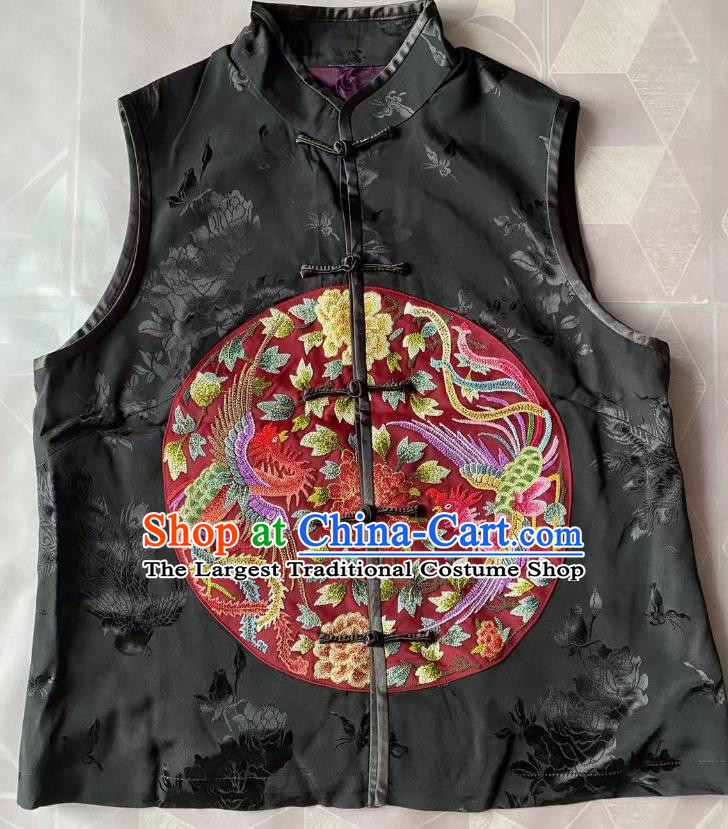 China National Embroidered Phoenix Peony Vest Tang Suit Upper Outer Garment Traditional Black Silk Waistcoat Clothing