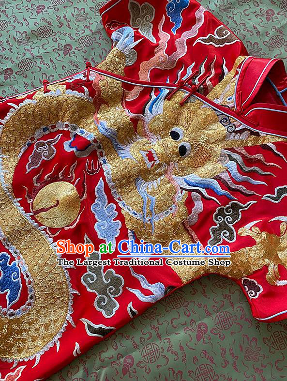 China Traditional Red Silk Cheongsam National Embroidered Dragon Qipao Dress Clothing