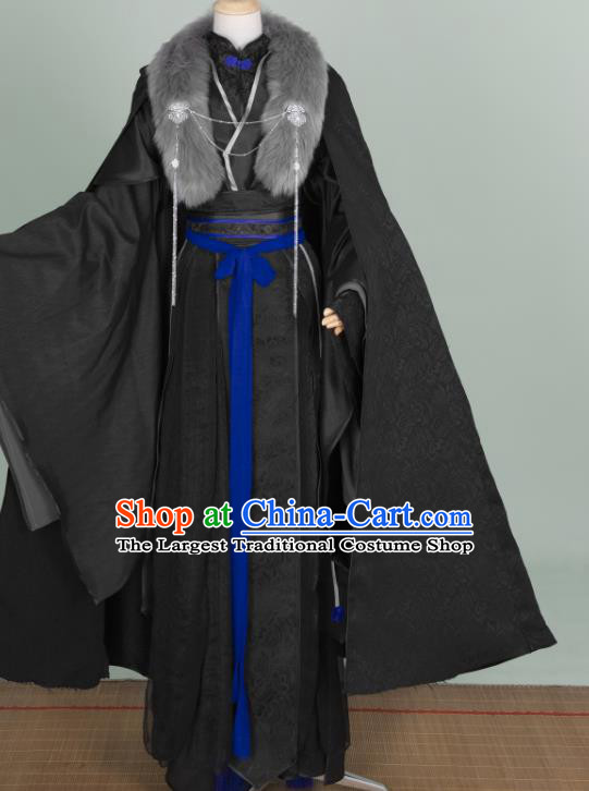 Chinese Traditional Drama Cosplay Swordsman Gu Yun Garment Costumes Ancient Royal King Black Hanfu Clothing
