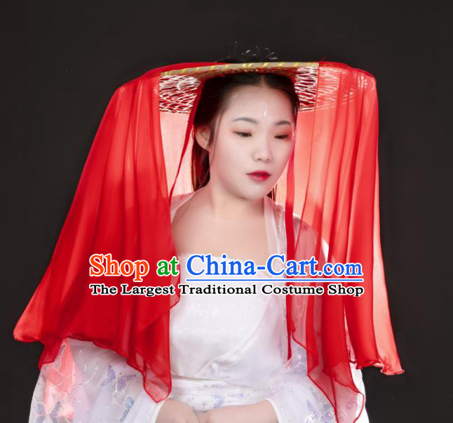 China Traditional Ming Dynasty Swordswoman Red Veil Headwear Ancient Princess Bamboo Hat