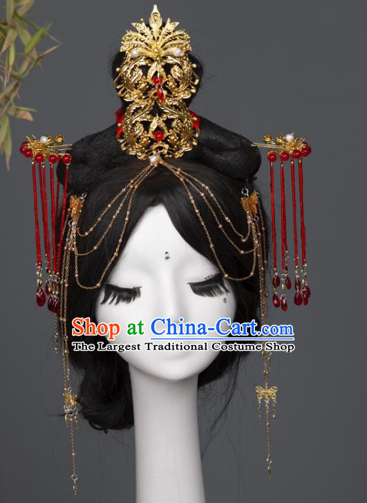 China Traditional Tang Dynasty Wedding Hair Accessories Ancient Princess Golden Hair Crown and Tassel Hairpins