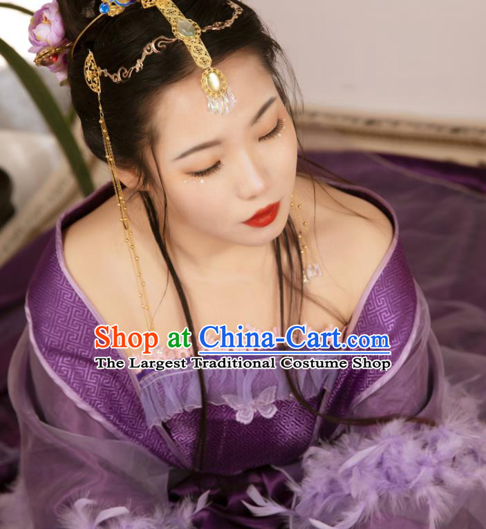 China Traditional Cosplay Tang Dynasty Imperial Consort Clothing Ancient Goddess Purple Hanfu Dress Garments