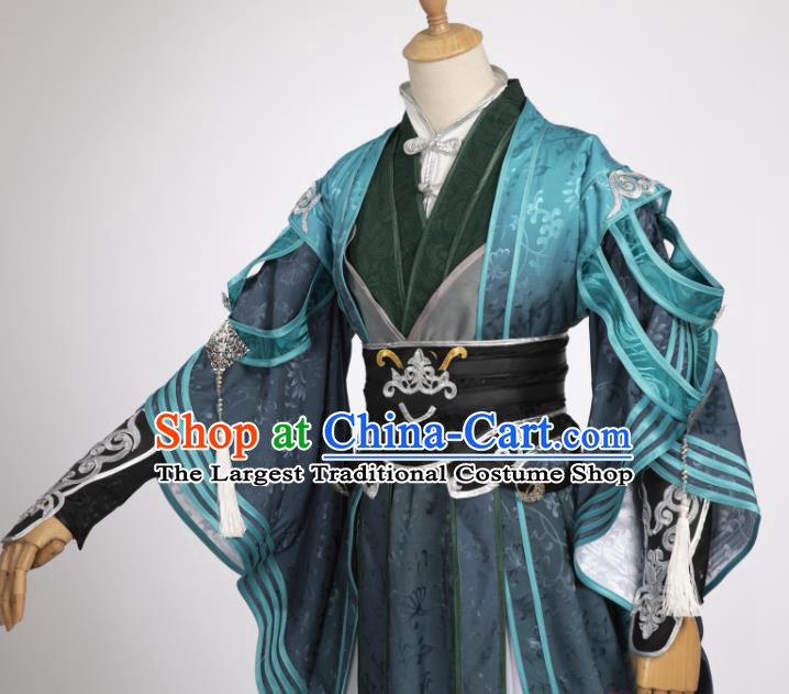 Chinese Ancient Knight Blue Hanfu Clothing Traditional Cosplay Tang Dynasty Swordsman Garment Costumes