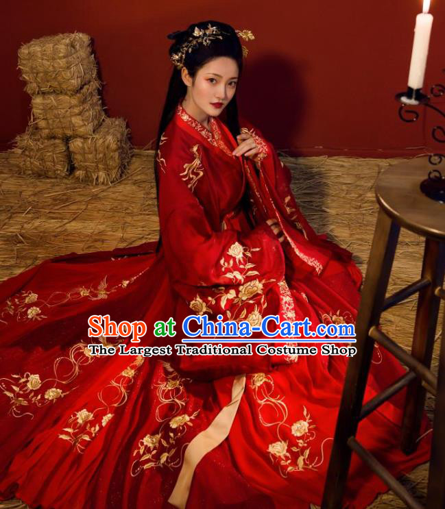 China Traditional Jin Dynasty Court Princess Wedding Historical Clothing Ancient Palace Lady Red Hanfu Dress Garments