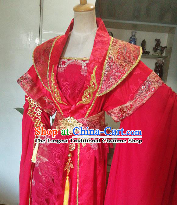 China Ancient Queen Red Hanfu Dress Traditional Cosplay Jin Dynasty Empress Wedding Clothing
