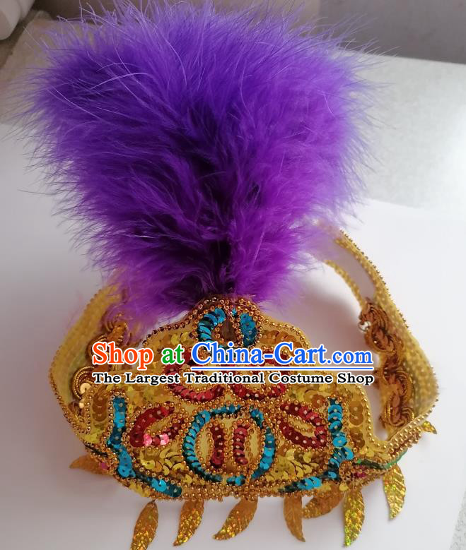 Chinese Xinjiang Ethnic Folk Dance Hair Clasp Traditional Uyghur Nationality Dance Headpieces Minority Stage Performance Purple Feather Hair Crown
