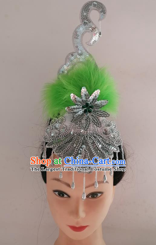 China Traditional Yangko Dance Argent Tassel Hair Crown Woman Group Fan Dance Green Feather Hair Accessories Folk Dance Headwear