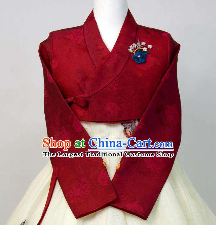 Korean Wedding Bride Fashion Costumes Young Lady Classical Hanbok Wine Red and Embroidered Butterfly Dress Korea Traditional Festival Clothing