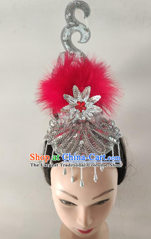 China Folk Dance Tassel Headwear Traditional Yangko Dance Magenta Feather Hair Crown Woman Group Fan Dance Hair Accessories