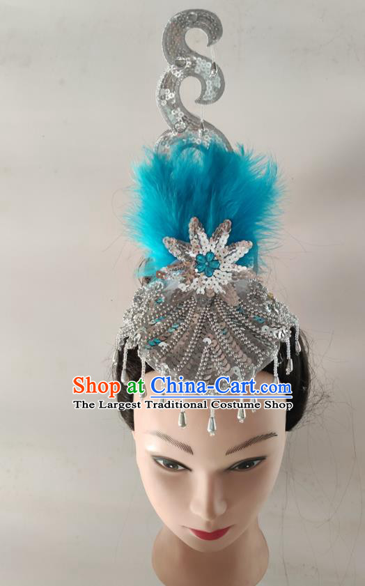 China Woman Fan Dance Hair Accessories Folk Dance Tassel Headwear Traditional Yangko Dance Blue Feather Hair Crown