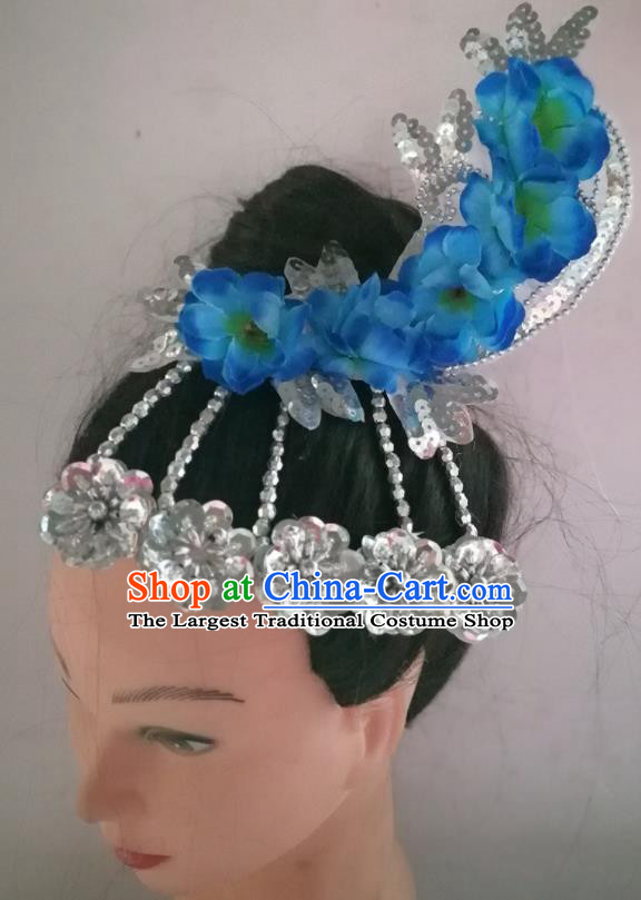 China Traditional Woman Yangko Dance Hair Stick Classical Dance Deep Blue Plum Hair Accessories Folk Dance Headpiece