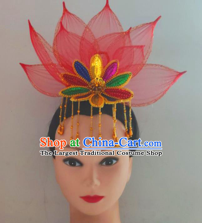 China Classical Dance Red Lotus Headpiece Yangko Dance Hair Accessories Traditional Spring Festival Gala Opening Dance Hair Crown