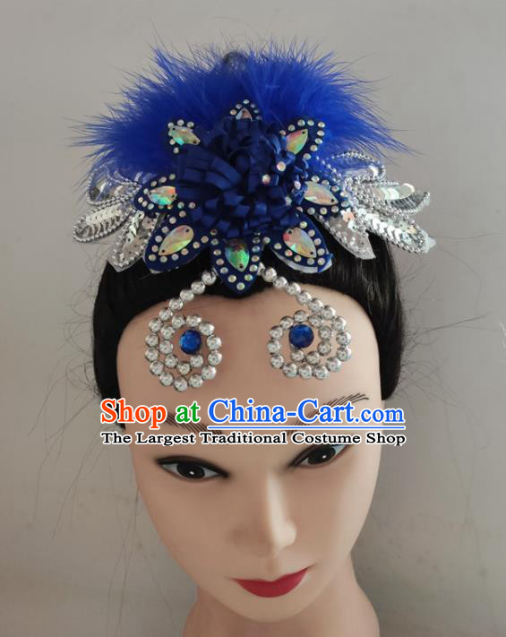 China Folk Dance Royalblue Feather Hair Stick Woman Yangko Group Dance Hair Accessories Traditional Fan Dance Headpiece