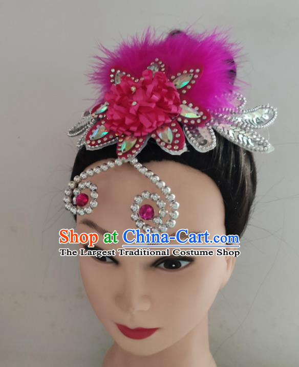 China Woman Yangko Group Dance Hair Accessories Traditional Fan Dance Headpiece Folk Dance Rosy Feather Hair Stick