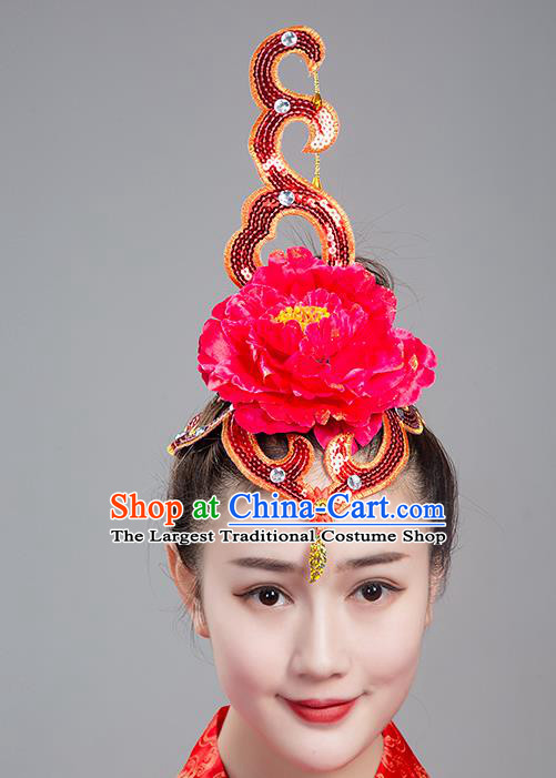 China Traditional Fan Dance Headdress Folk Dance Yangko Rosy Peony Hair Crown Woman Group Dance Hair Accessories