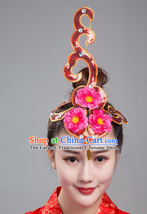 China Woman Group Dance Hair Accessories Traditional Fan Dance Headdress Folk Dance Yangko Rosy Peach Blossom Hair Crown