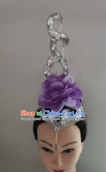 China Folk Dance Yangko Performance Purple Peony Hair Crown Woman Group Dance Hair Accessories Traditional Fan Dance Headdress