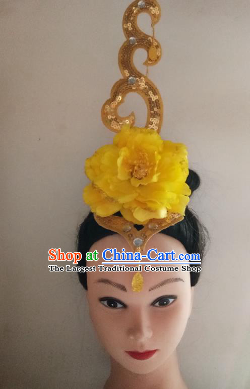 China Traditional Yangko Dance Headdress Folk Dance Fan Performance Yellow Peony Hair Crown Woman Group Dance Hair Accessories