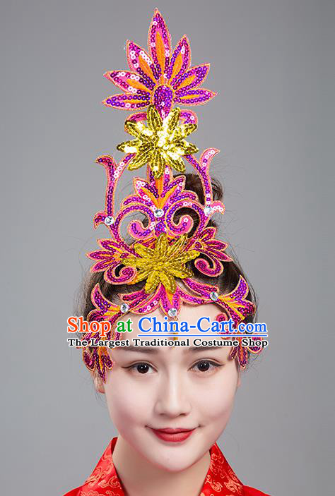 China Traditional Stage Performance Headpiece Folk Dance Fan Dance Hair Stick Woman Group Dance Rosy Sequins Hair Accessories