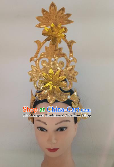 China Woman Group Dance Golden Sequins Hair Accessories Traditional Stage Performance Headpiece Folk Dance Fan Dance Hair Stick