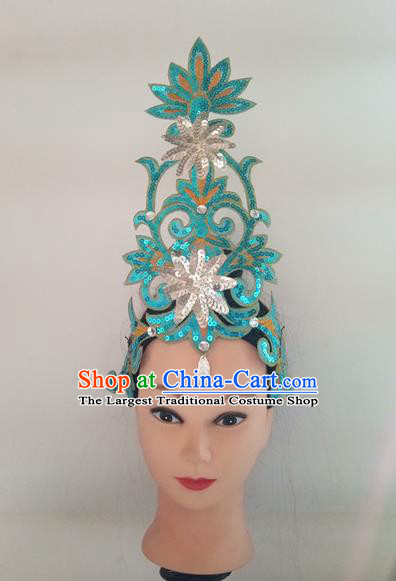 China Folk Dance Fan Dance Hair Stick Woman Group Dance Blue Sequins Hair Accessories Traditional Stage Performance Headpiece