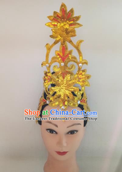 China Woman Group Dance Hair Accessories Traditional Stage Performance Yellow Sequins Headpiece Folk Dance Headwear Fan Dance Hair Stick