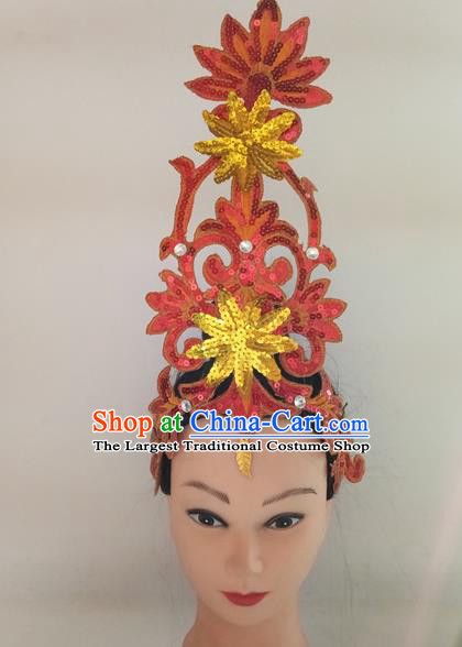 China Fan Dance Hair Stick Woman Group Dance Hair Accessories Traditional Stage Performance Red Sequins Headpiece Folk Dance Headwear