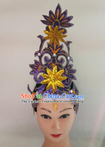 China Folk Dance Headwear Fan Dance Hair Stick Woman Group Dance Hair Accessories Traditional Stage Performance Purple Sequins Headpiece