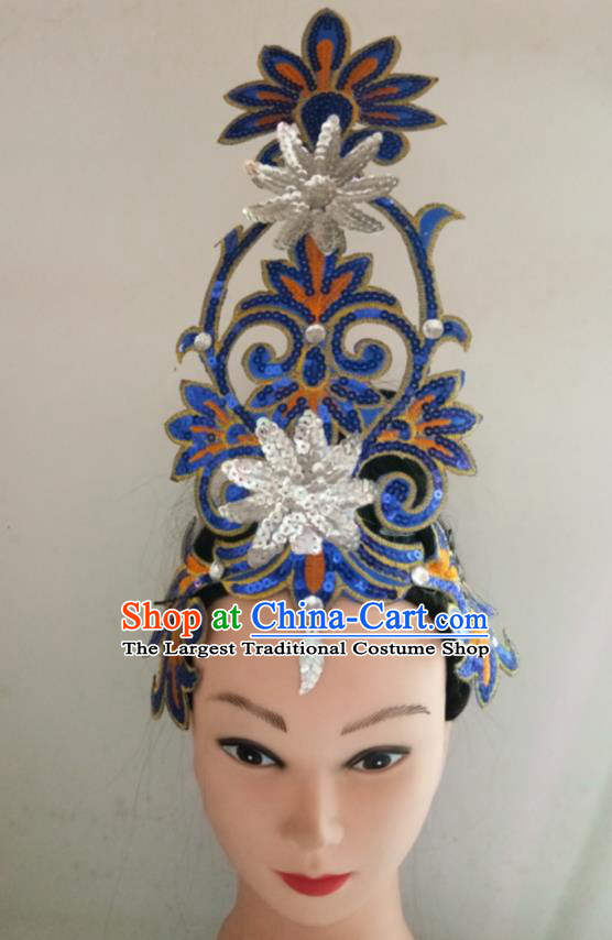 China Traditional Stage Performance Headpiece Folk Dance Royalblue Sequins Headwear Fan Dance Hair Stick Woman Group Dance Hair Accessories